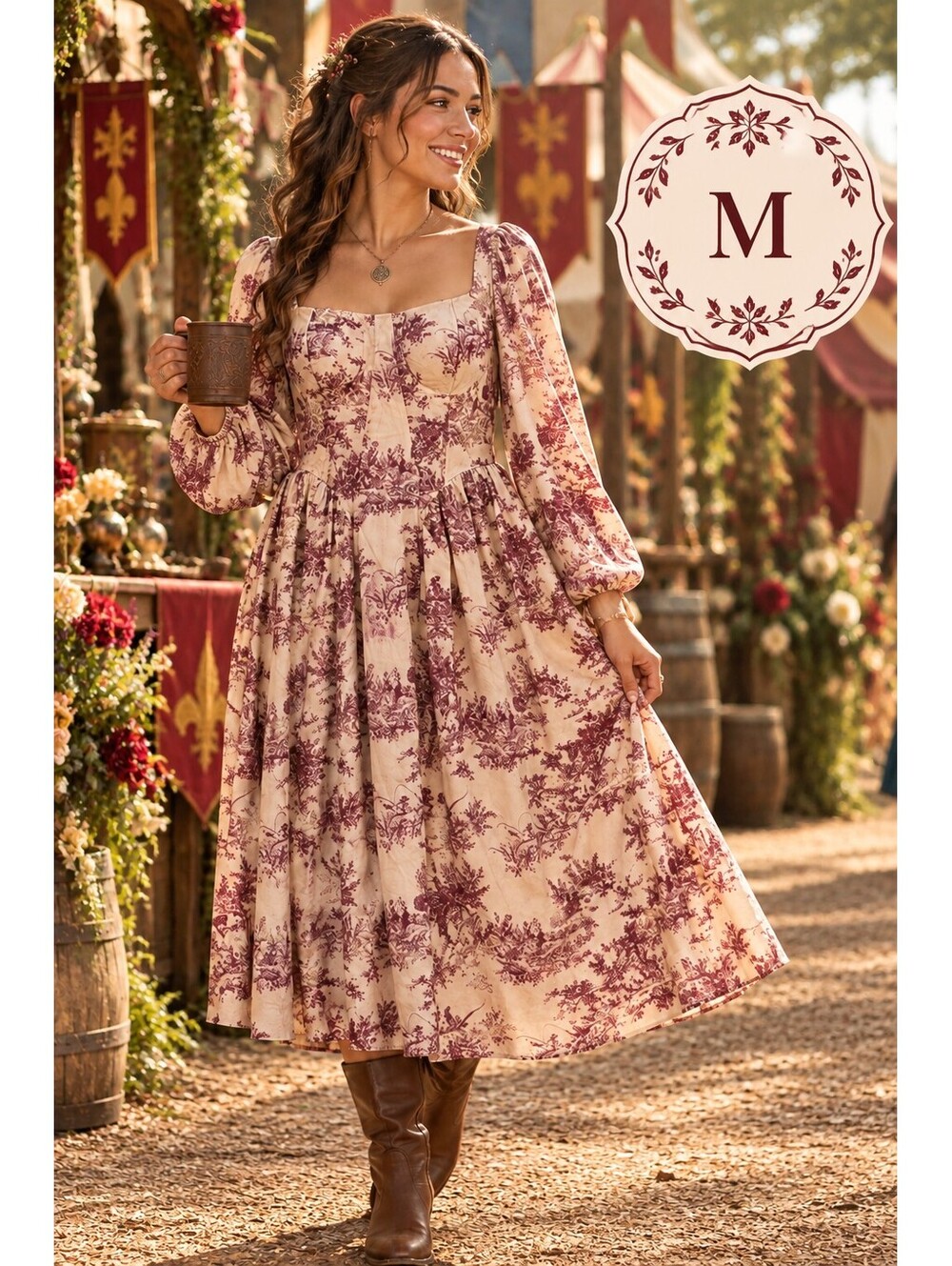 Sz M | Cream Burgundy Toile Bustier Puff Sleeve Midi Dress
